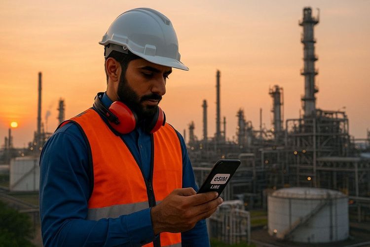 Engineer in protective gear checking smartphone beside oil refinery at sunrise