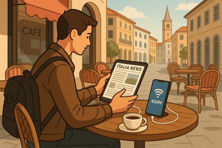 Illustration of a traveler in a European café reading Italian news on a tablet with connected smartphone