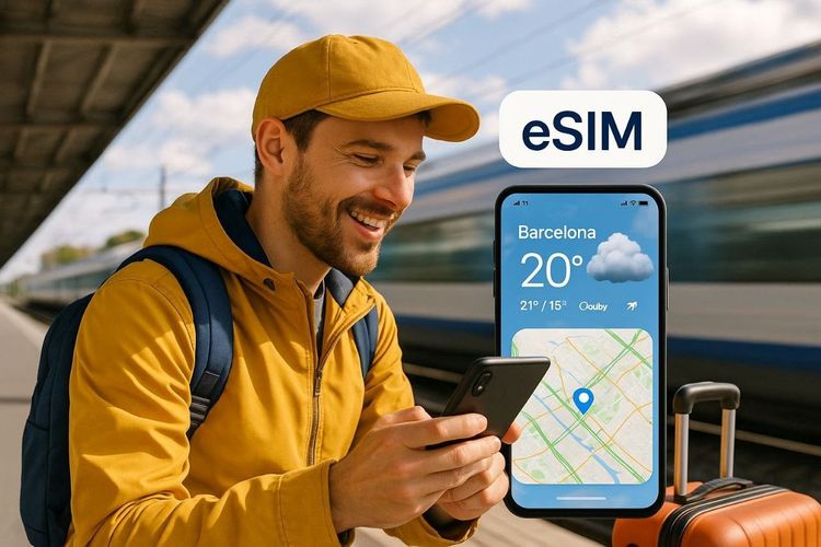 Traveler checking weather and map apps on a smartphone at a train platform