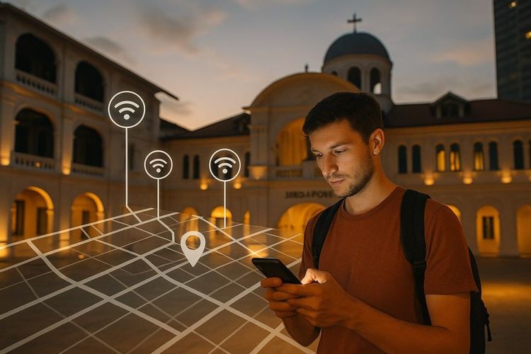 Modern traveler at Singapore Art Museum with smartphone in hand, digital map overlay showing data connection icons