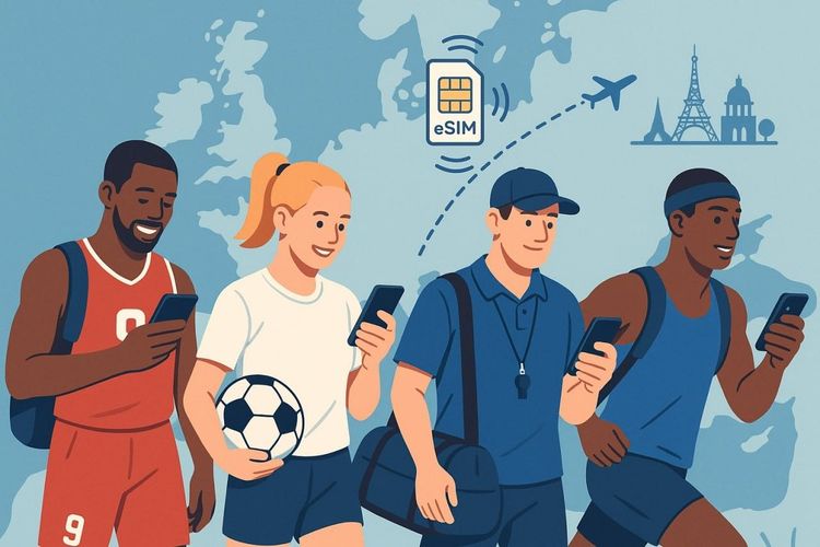 Illustration of professional athletes traveling across Europe, using smartphones with eSIM connectivity