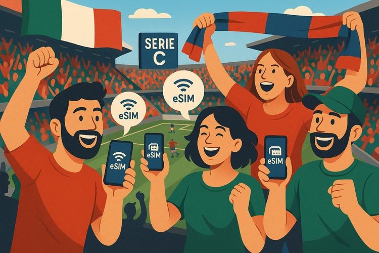 Illustration of football fans at an Italian stadium using smartphones with eSIM connection icons