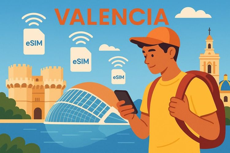Illustration of traveler exploring Valencia landmarks like the City of Arts and Sciences