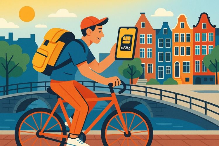 Digital illustration of a traveler cycling along Amsterdam’s canals using a smartphone with eSIM icons