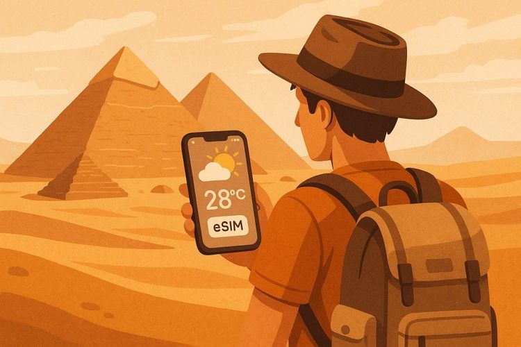Illustration of a traveler at the Pyramids of Giza using a smartphone with eSIM icons and weather app on screen
