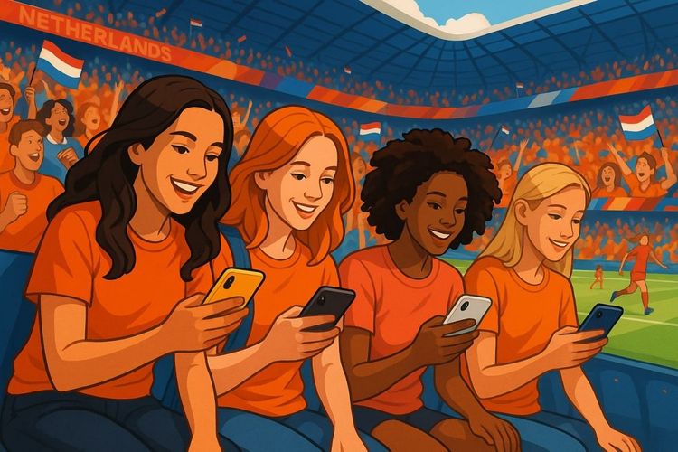 Digital illustration of women’s football fans in a Dutch stadium using smartphones with eSIM connectivity