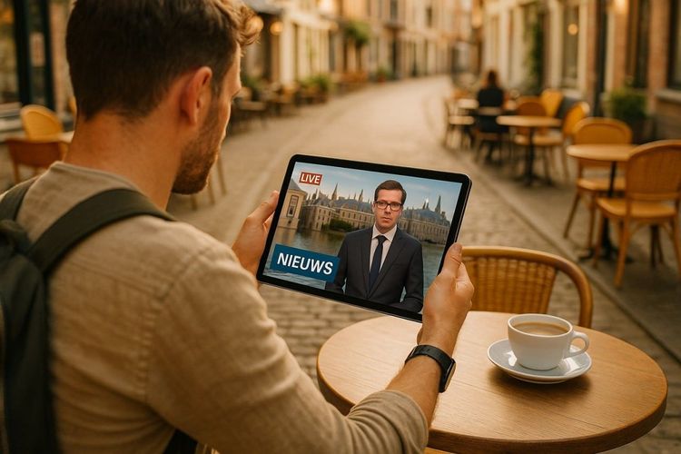 Traveler relaxing in a European café watching Dutch news on tablet