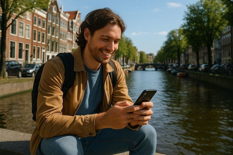 A digital nomad sitting by a canal in Amsterdam using a smartphone to set up an eSIM
