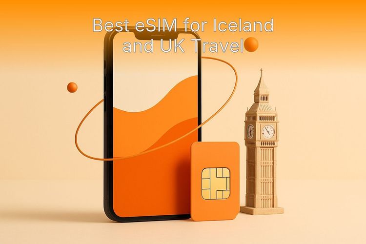 Traveler holding a smartphone showing a map of the UK and Iceland for travel planning.