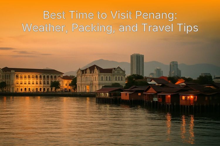 Panoramic view of George Town Penang waterfront at dusk showing colonial architecture and clan jetties.