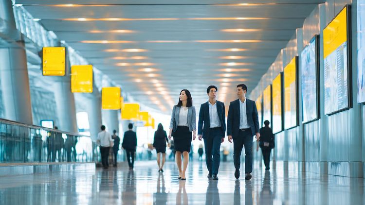Business travelers walking through a modern airport in Southeast Asia, warm lighting, digital information displays, emphasizing seamless connectivity for multi-country ASEAN and RCEP travel