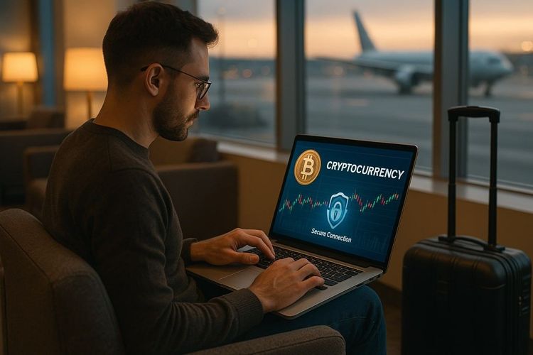 A digital traveler managing crypto on a laptop while sitting in an airport lounge