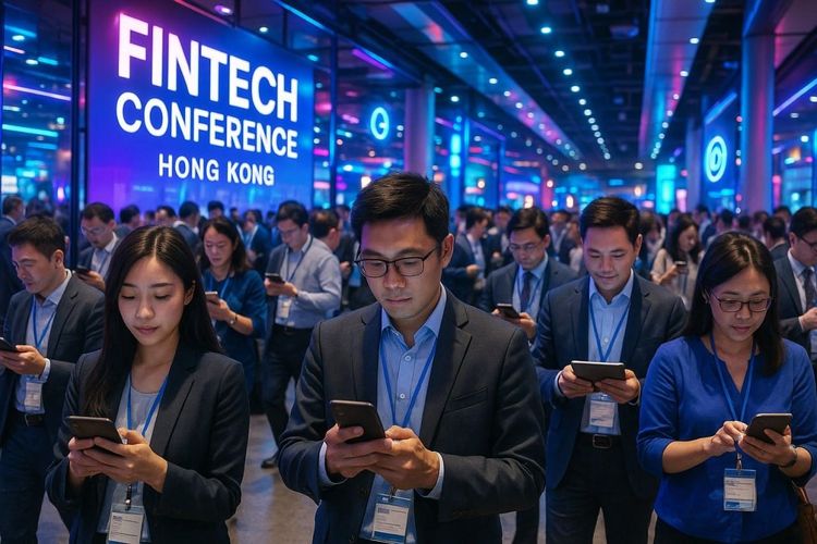 A busy fintech conference hall in Hong Kong with attendees using smartphones and tablets