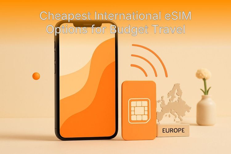 Traveler checking an affordable eSIM plan on a smartphone at an outdoor cafe in Lisbon