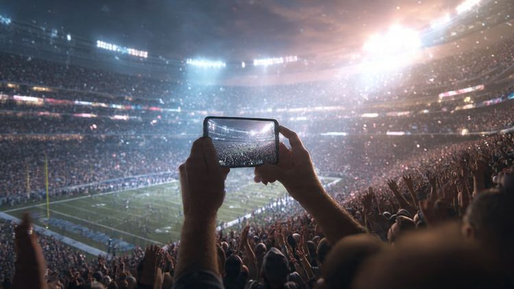 Crowded NFL stadium on game day with excited fans, dramatic lighting, smartphone in foreground showing sports highlights; travel energy, modern, cinematic, focus on mobile connectivity