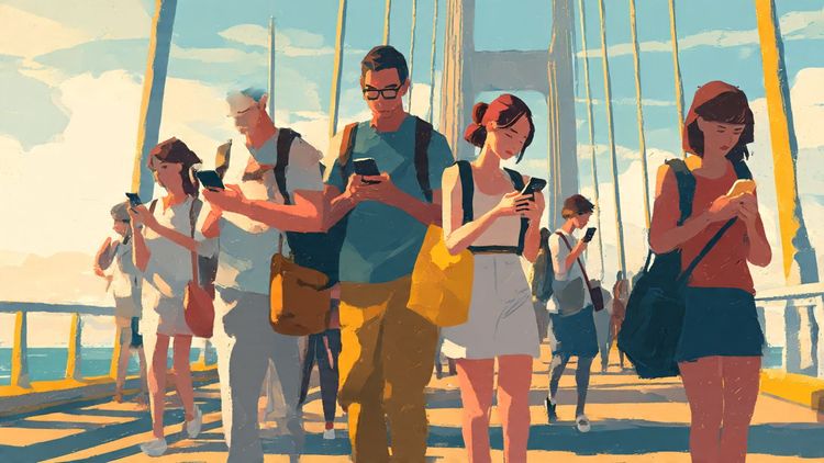Early morning commuters crossing the SG–JB Causeway, checking phones for data coverage; bright, practical, travel-focused illustration.