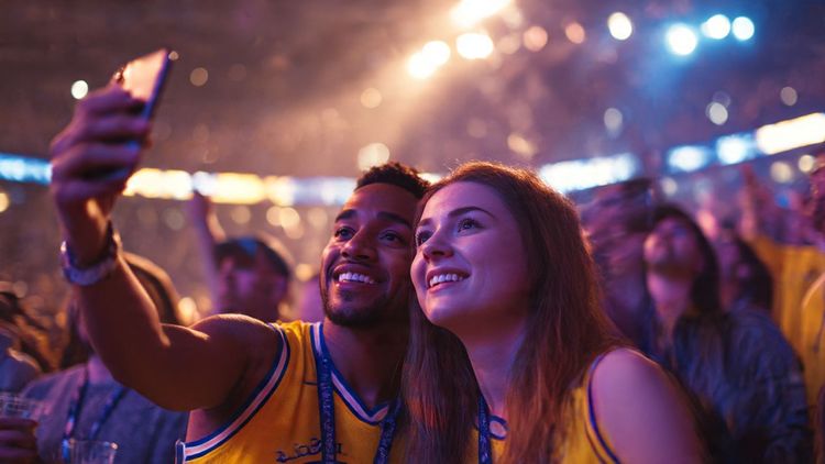 Excited basketball fans wearing team jerseys taking selfies at an NBA arena in Orlando, vibrant lighting, travel excitement, connected with mobile devices