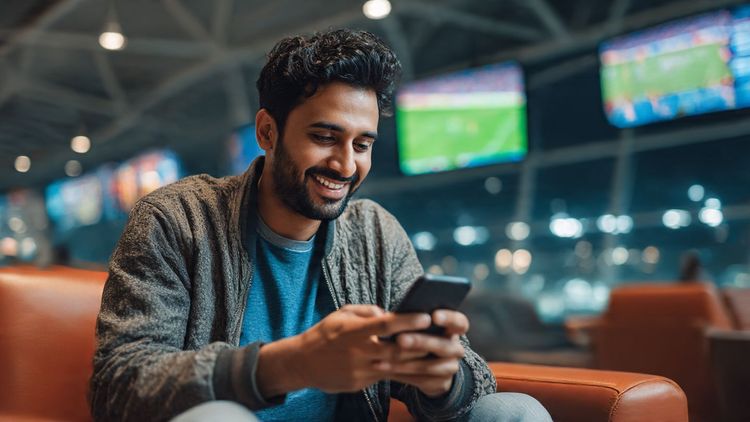 Excited cricket fan streaming a live IPL match on a smartphone while traveling in an airport lounge, representing global sports connectivity through eSIM