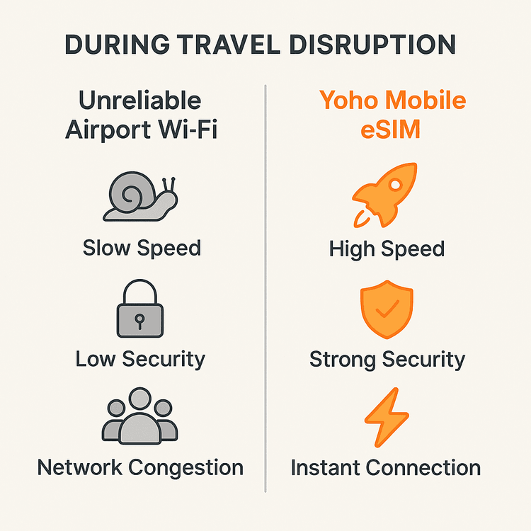 Infographic comparing the unreliability of airport Wi-Fi with the fast, secure connection of a Yoho Mobile eSIM.