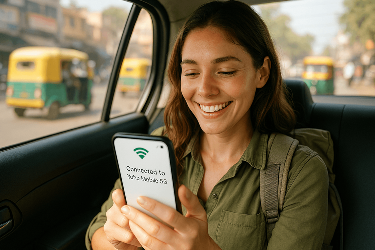 A traveler smiles while using her phone with a Yoho Mobile eSIM immediately after arriving in Delhi.