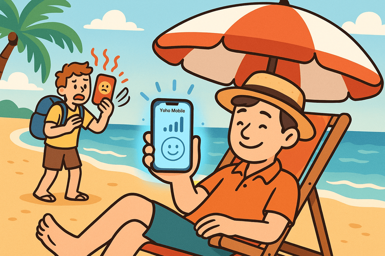 Illustration of a happy traveler with a cool phone using Yoho Mobile eSIM, contrasted with a frustrated tourist whose phone is overheating.
