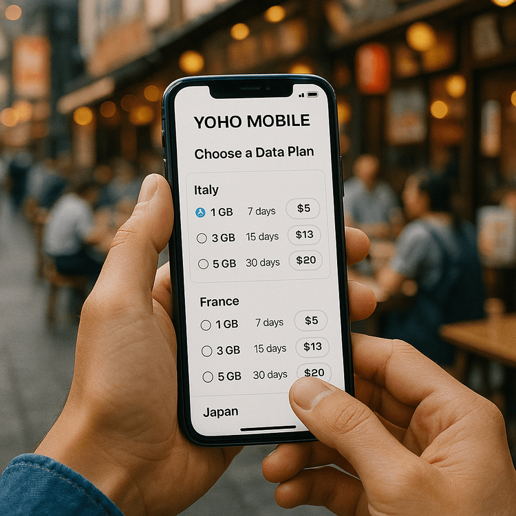 A user customizes a flexible travel data plan on the Yoho Mobile app.