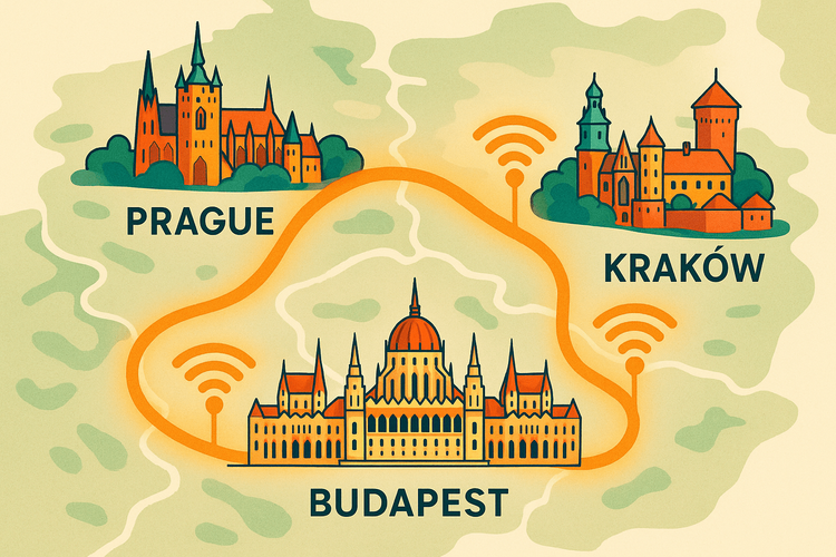 Map illustrating a connected travel route from Prague to Budapest to Krakow with a Yoho Mobile eSIM.