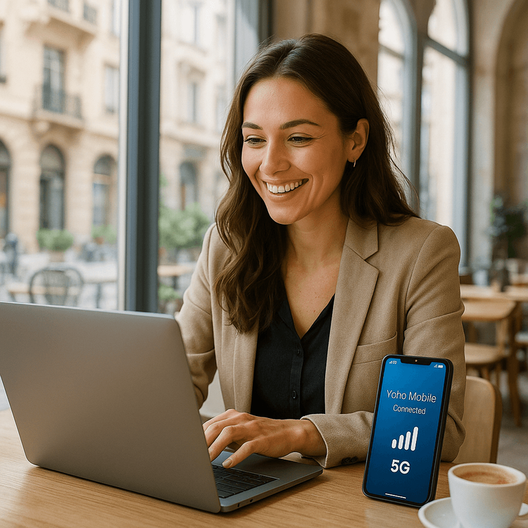 A remote worker using a Yoho Mobile eSIM for a lag-free video call while traveling.