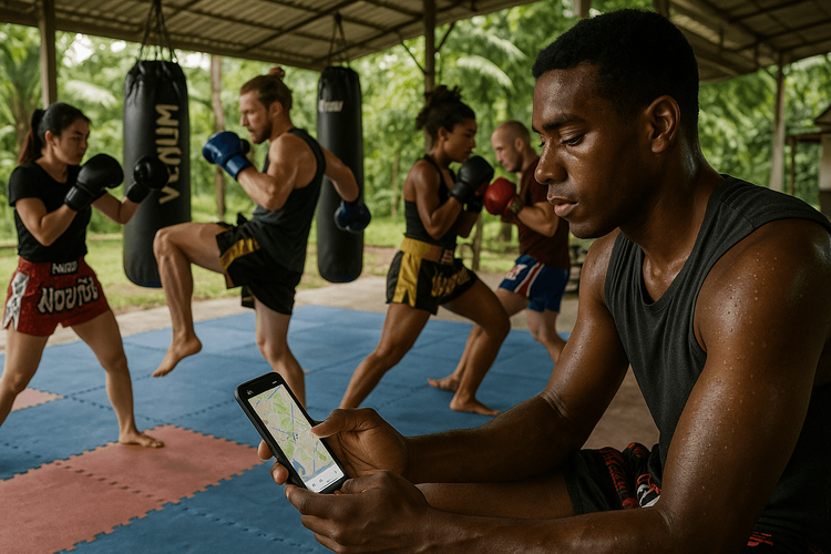 A traveler using their phone with a Yoho Mobile eSIM at a Muay Thai training camp in Thailand.