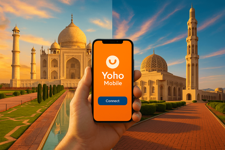 A traveler holding a smartphone with the Yoho Mobile app, seamlessly connecting between India's Taj Mahal and Oman's Grand Mosque.