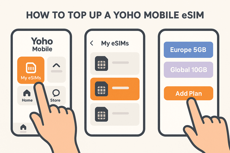 A 3-step guide showing how to add a new data plan to a Yoho Mobile eSIM through the app.
