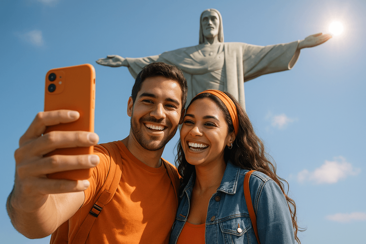 Happy Latin American couple staying connected with Yoho Mobile eSIM while traveling in Brazil.