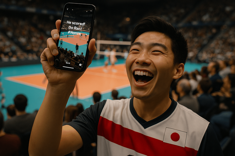 A fan at a volleyball match in Monza, Italy, using their phone with a Yoho Mobile eSIM to instantly share a moment of the game on social media.