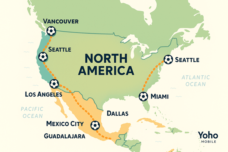 Map of FIFA World Cup 2026 host cities in the USA, Canada, and Mexico, showing potential road trip routes for fans.