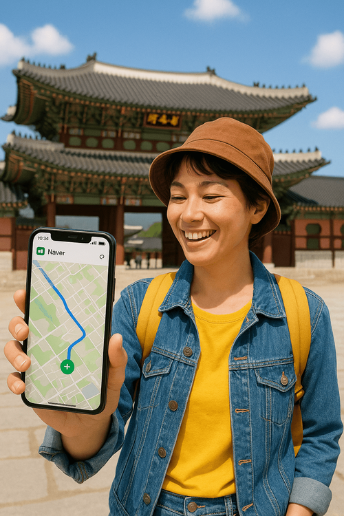 A traveler using a Yoho Mobile eSIM for navigation on their phone in front of a landmark in Seoul.