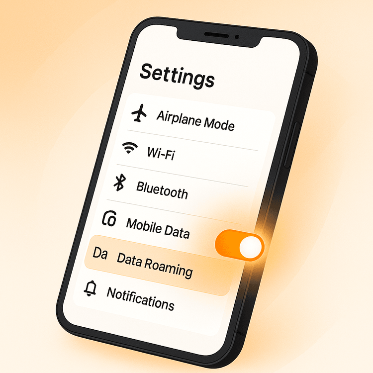 Illustration showing how to enable the Data Roaming switch in a phone's settings for an eSIM.