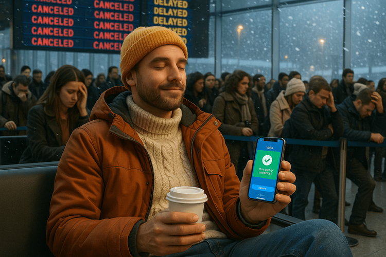 A calm traveler uses a Yoho Mobile eSIM to manage travel disruptions in a chaotic airport during a snow storm.