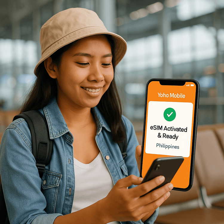 A traveler smiling at her phone in an airport, showing her Yoho Mobile eSIM is activated and ready before her flight.