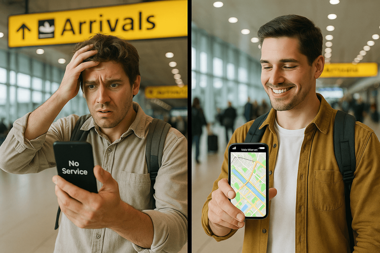 A comparison showing a stressed traveler with no phone service versus a relaxed traveler with Yoho Mobile eSIM service upon arrival.