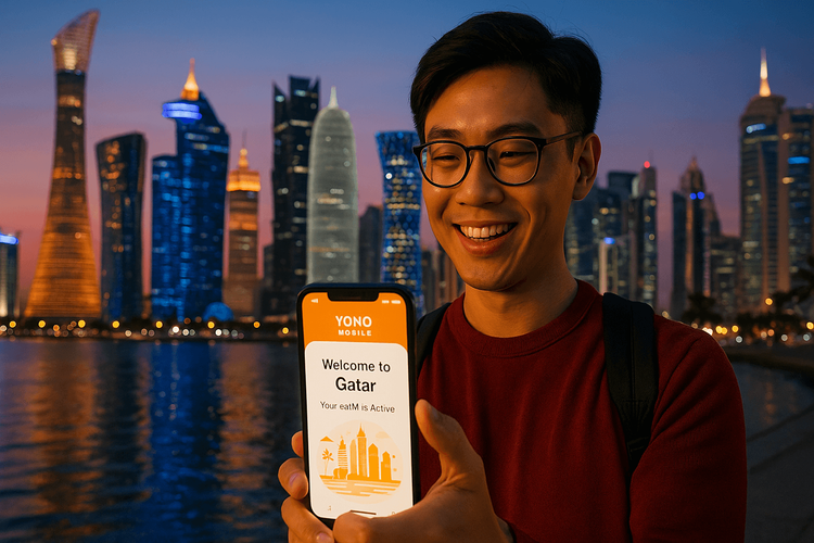 A Hong Kong traveler in front of the Doha skyline, happily using their phone with an active Yoho Mobile Qatar eSIM.