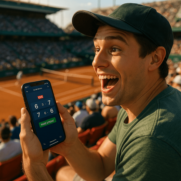 A tennis fan using a Yoho Mobile eSIM to check live scores on their phone while at a stadium.