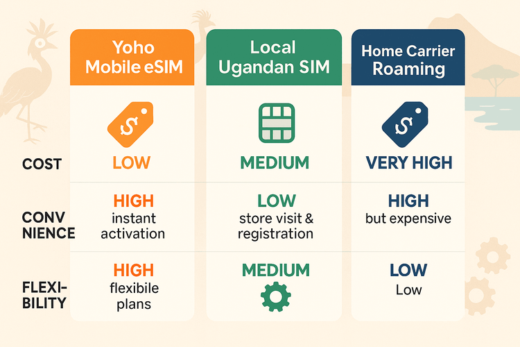 Infographic comparing Yoho Mobile eSIM, local SIM cards, and roaming for travel in Uganda based on cost, convenience, and flexibility.