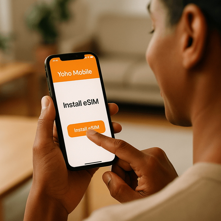 A person easily installing a Yoho Mobile eSIM on their iPhone by tapping the 'Install' button in the app.