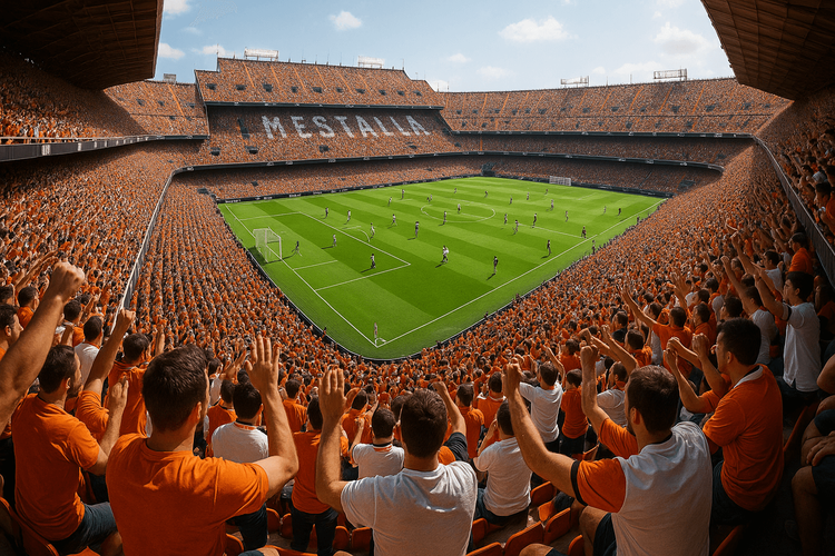 View from the stands of a packed Mestalla stadium during a Valencia CF football match.
