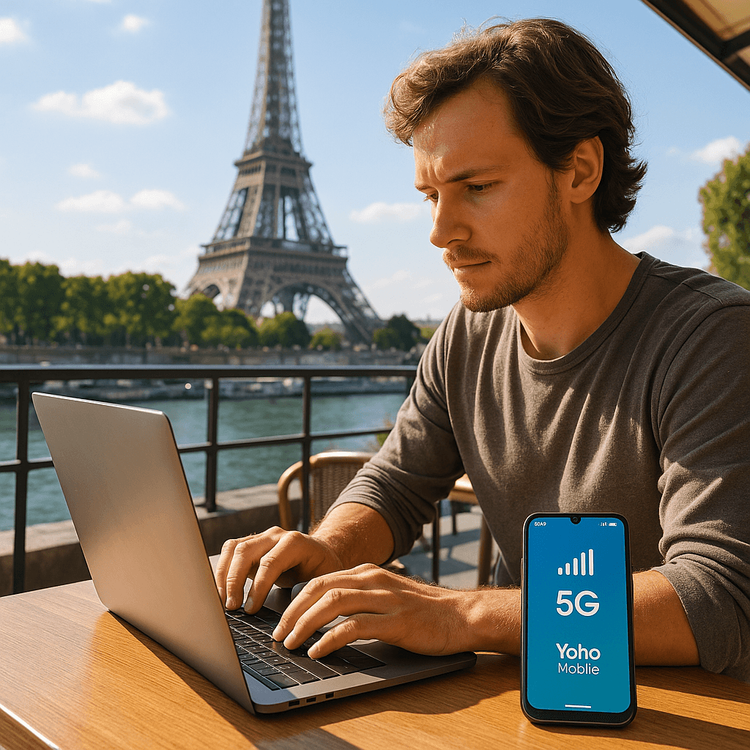Digital nomad working remotely in Paris with reliable internet thanks to a Yoho Mobile global eSIM.