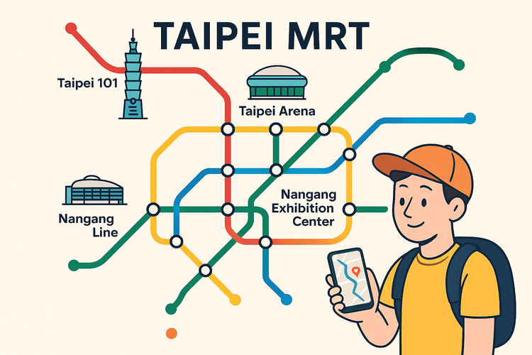 A simplified map of the Taipei MRT system highlighting key event venues for tourists.