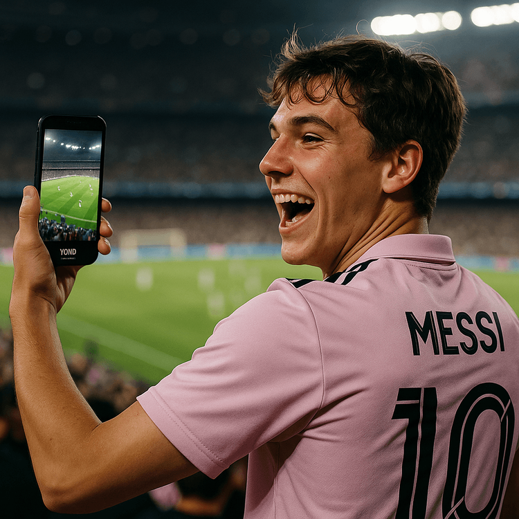A fan at an Inter Miami match in NYC using their phone with a Yoho Mobile eSIM to share the experience.