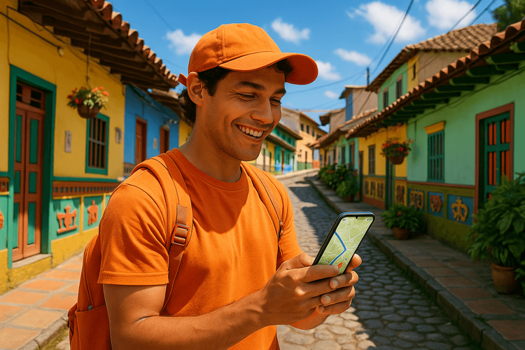 A traveler using a Yoho Mobile eSIM on their smartphone to navigate the colorful streets of Colombia.
