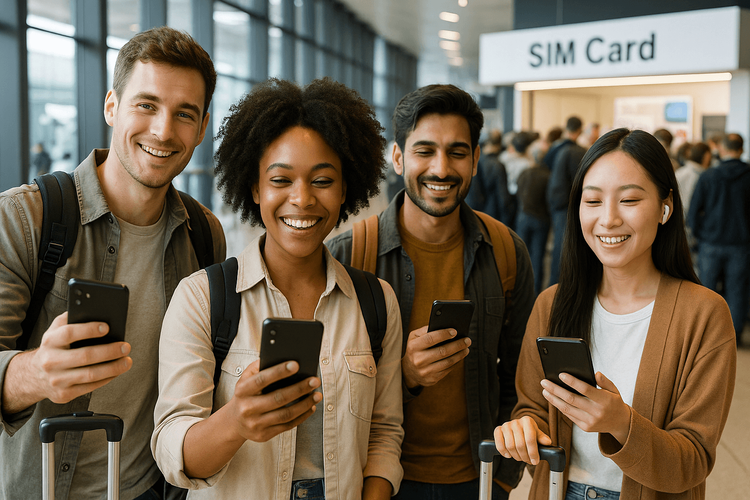 Happy travelers using their phones seamlessly with eSIMs, avoiding the long queues at an airport SIM card counter.