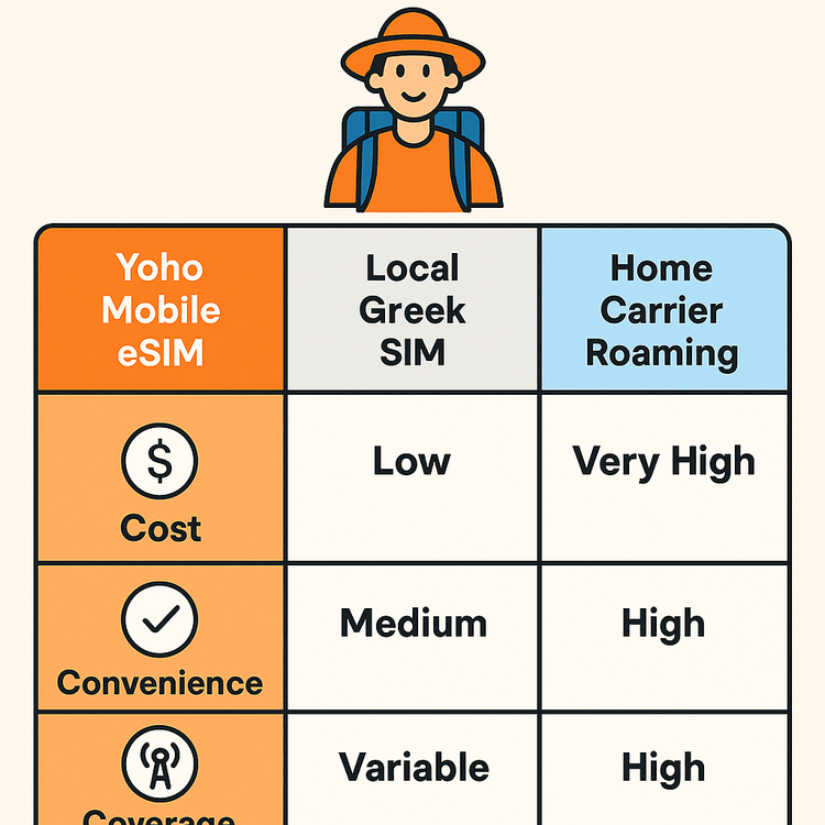 A comparison chart showing the benefits of using a Yoho Mobile eSIM in Greece over a local SIM card and international roaming, highlighting cost and convenience.
